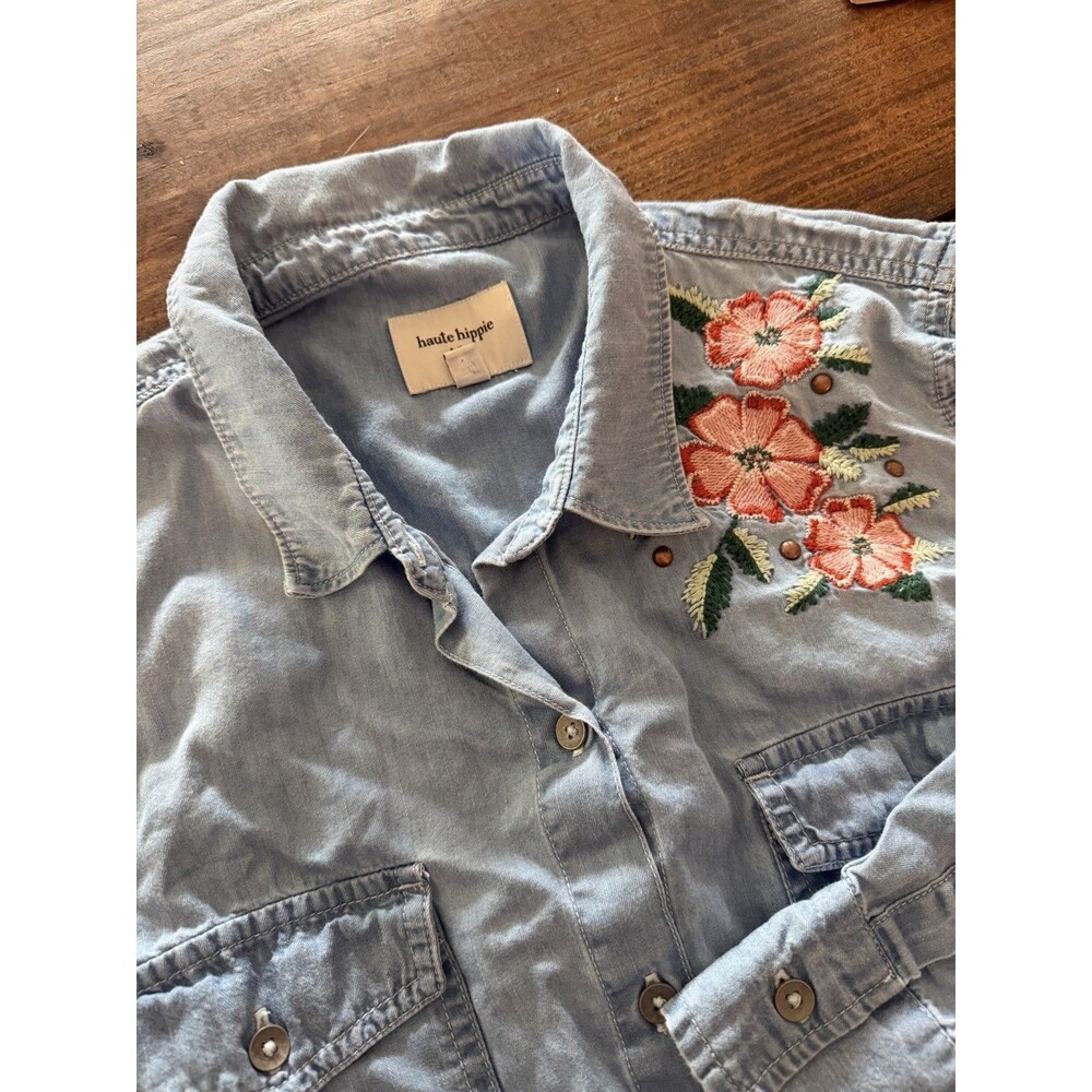 Haute Hippie Shirt Womens Medium Blue Chambray Embroidered Cottage Prairie Top